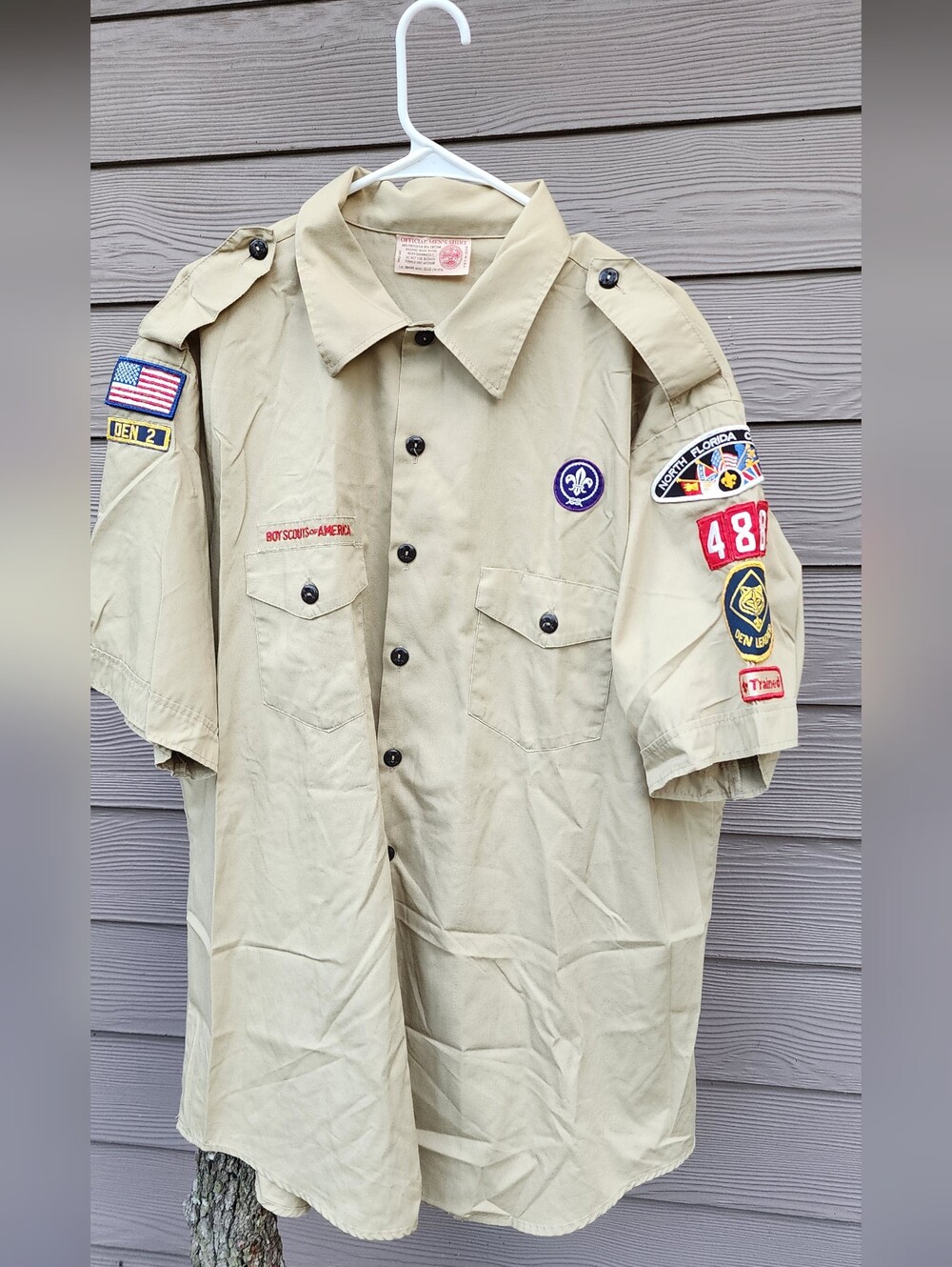 Men's Tan Short-Sleeve Button-Down Scout Shirt with Patch Details